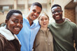 © S Fanti/peopleimages.com - Women, men or selfie pov on college campus, university or school for social media, profile picture or group selfie. Portrait, smile or happy students in photography picture in diversity community fun