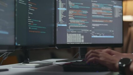 Close Up Of Desktop Computer'S Monitor Showing Script Creating Software Engineer Developing App, Program, Video Game At Home. Terminal With Coding Language 
