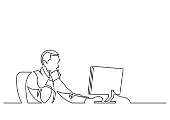 Wall Mural - continuous line drawing businessman working behind computer - png image with transparent background