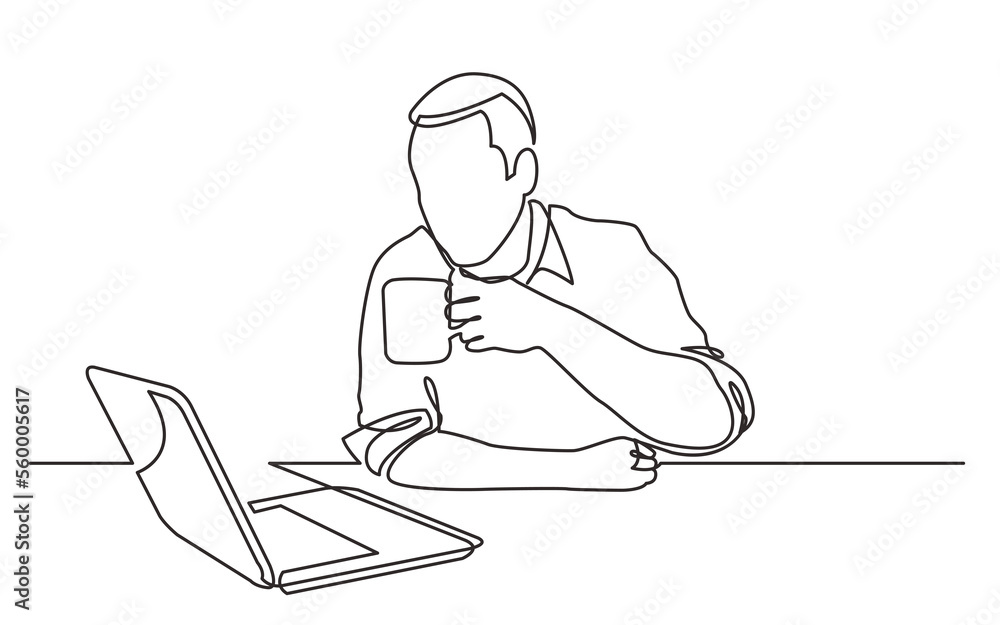 continuous line drawing sitting man watching laptop computer drinking ...