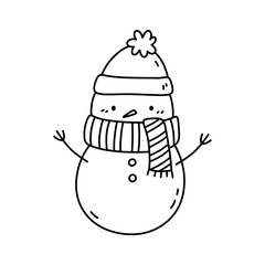 Wall Mural - Cute snowman in a hat and scarf isolated on white background. Vector hand-drawn illustration in doodle style. Kawaii character. Perfect for cards, decorations, logo and Christmas designs.