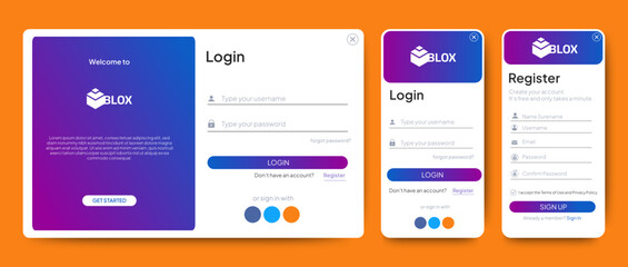 Wall Mural - set of sign up and sign in forms. blue gradient. mobile registration and login forms page. professio