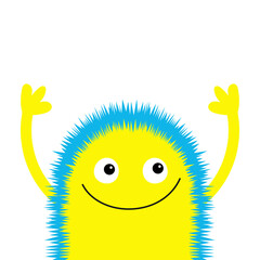  Fluffy monster yellow blue head face silhouette holding hands up. Happy Halloween. Cute Funny Kawaii cartoon character. Smiling face. Sticker print. Boo. Flat design. White background.