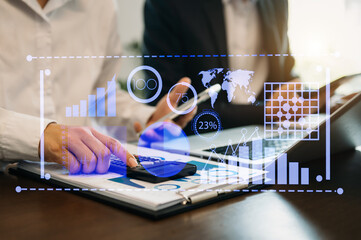 Wall Mural - data management system with business analytics concept. business team hands working with provide inf