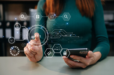 Wall Mural - api application programming interface, woman using laptop, tablet and smartphone with virtual screen