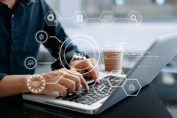 API Application Programming Interface, woman using laptop, tablet and smartphone with virtual screen API icon Software development tool, modern technology .