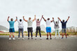 © S Fanti/peopleimages.com - Holding hands, fitness group of people winning, yes or celebration exercise, workout and training goals in city rear. Wellness, community and senior friends teamwork, accountability and success sign