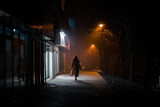 Fototapeta Do przedpokoju - dark silhouette of a girl dressed in a long coat against the background of a night city with advertising showcases