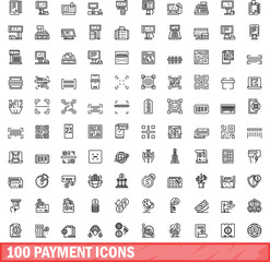 Sticker - 100 payment icons set. Outline illustration of 100 payment icons vector set isolated on white background