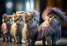 Cats In A Fashion Suit, 
Kitten Dressed With Victorian Stile In A Fancy Pink Dress,
Hat. Fashion Parade. [Digital Art. Generative AI Painting]