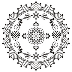 Wall Mural - Scandinavian vector mandala design with flowers and leaves and frame - decorative greeting card or wedding invitation floral pattern in black and white
