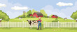 Cheerful farmer with his cows. Vector illustration, rural view -- fields and meadows, summertime.	