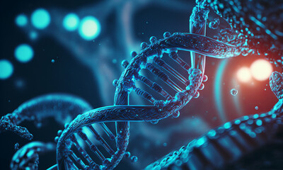 Aufkleber - Concept of the evolution of human DNA in the distant future. View under the microscope. Blue helix background close-up. Generative ai