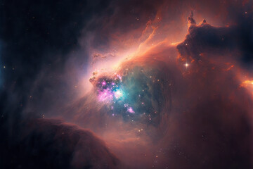 Fototapete - Large view of a colorful dark nebula in space. Cosmic background with bright shining stars, galaxies and deep universe. Generative ai