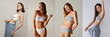 Collage. Beautiful slim women posing in oversized jeans and cotton underwear over grey background. Losing weight, natural beauty concept