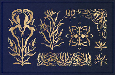 Floral set in art nouveau 1920-1930. Hand drawn in a linear style with weaves of lines, leaves and flowers.