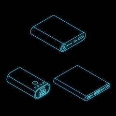 Poster - Power bank icons set. Isometric set of power bank vector icons neon isolated on black background
