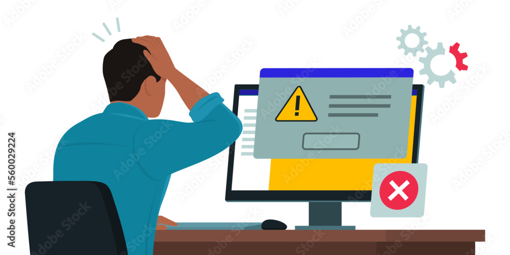 Man reading an error message notification on the computer screen Stock ...