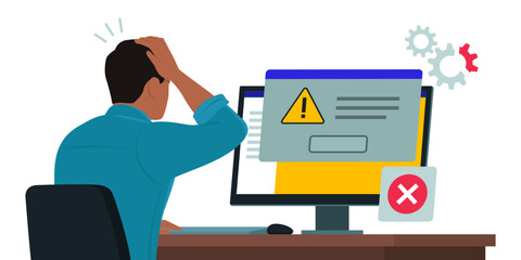 man reading an error message notification on the computer screen