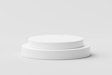 Poster - White modern round podium stage platform step on 3d background with presentation show product display studio scene or empty circle pedestal geometric cylinder and minimal blank cosmetic place stand.