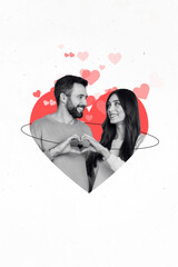 Poster - Collage photo of romance concept lovely pair two people showing fingers love symbol inside shape anniversary marriage isolated on white background