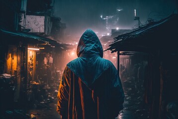 lonely man walking slowly with hooded raincoat through foggy humid streets in poor squatters area of