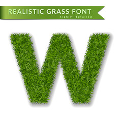 Wall Mural - Grass letter W, alphabet 3D design. Capital letter text. Green font isolated white background, shadow. Symbol eco nature, environment, save the planet. Detailed lush plant meadow Vector illustration