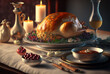 Lavish holiday feast, with a variety of traditional dishes arranged on a table. AI-Assisted Image
