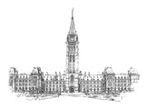 Fototapeta Big Ben - Built in the Gothic Revival style, Center Block is the main building of the Canadian Parliament complex on Parliament Hill, in Ottawa, Ontario, ink sketch illustration