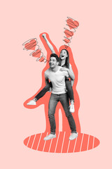 Sticker - Vertical collage image of two excited carefree black white colors people piggyback rejoice isolated on painted background