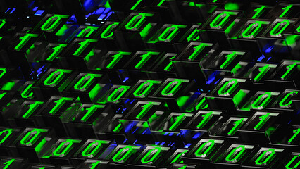 Binary data code concept with bit symbols of 0 and 1 in a matrix formation.