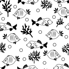 Wall Mural - Fishes and algae cartoon monochrome, vector illustration. Seamless pattern black on white background.