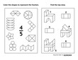 Two visual math puzzles and coloring pages. Color the shapes to represent the fraction. Find the top view. Black and white.
