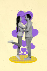 Wall Mural - Vertical collage image of two lovely black white colors people embrace look each other drawing hearts isolated on painted background