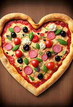 Delicious Heart Shaped Pizza With Tomatoes, Cheese, Salami And Basil, Valentines Day Promo For Italian Restaurant, Generative Ai