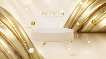Wall Mural - Product display podium with golden curve line element and ball decoration and glitter light effect.