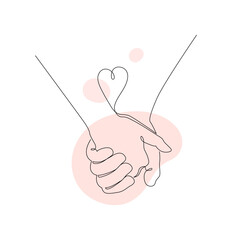 Valentines day holiday, relationships and marriage concept. Vector one line art illustration. Pink splash of heart shape. Holding hands symbol by continous line. Design for greeting card and banner.