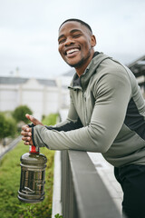 Wall Mural - Fitness, happy or black man with smile or pride after body training, exercise or workout with a water bottle in Miami. Portrait, relaxing or healthy sports athlete with wellness goals or motivation