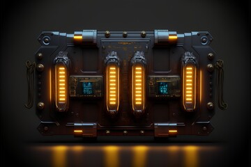 old cybernetic energetic device with loading meters and feedback terminal screens in dystopian envir