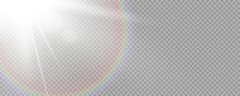 Shining Sun Glare Rays, Lens Flare Vector Illustration With A Rainbow. Sunlight Glowing Png Effect. White Beam Sunrays Sky Background