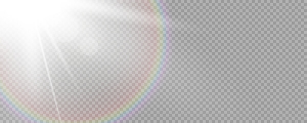 Shining sun glare rays, lens flare vector illustration with a rainbow. Sunlight glowing png effect. White beam sunrays sky background