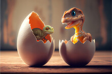 ฺBaby Dinosaur Hatching From An Egg. Digital Illustration Generative AI