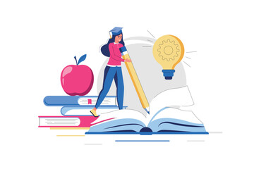 Wall Mural - Education concept with people scene in flat design. Woman reading books, doing homework for university lesson, preparing for exams and graduation. Vector illustration with character situation for web