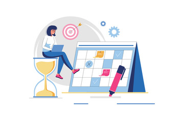 Canvas Print - Planning concept with people scene in flat design. Woman plans workflow and is engaged in time management, notes meetings and tasks on calendar. Vector illustration with character situation for web