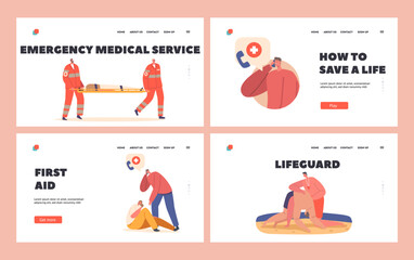 Wall Mural - First Aid Landing Page Template Set. Rescuers Help to Victims on Beach, Medics Carry Person on Stretchers Illustration