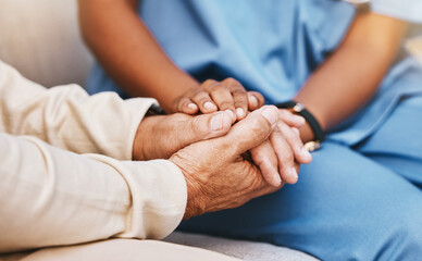 Poster - Nurse, patient and holding hands in nursing home for healthcare, empathy and support in depression, anxiety and psychology. Medical counseling, therapy and caregiver with hope, advice and counseling