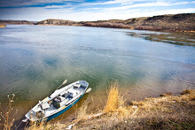 A Drift Boat On Montana's Missouri River In Spring.