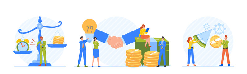 Wall Mural - Set Business Characters Men and Women Working Process. Businessman Stand at Huge Scales with Money and Clock