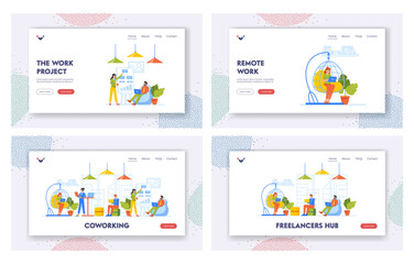 Wall Mural - Coworking Area Landing Page Template Set. Freelancers Develop Project in Coworker Center. People Work Together