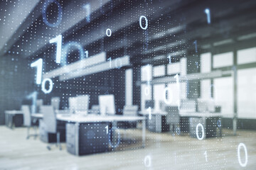 Wall Mural - double exposure of abstract virtual binary code hologram on modern corporate office background. data